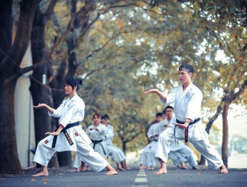 Young martial artists practice focused karate stances outdoors